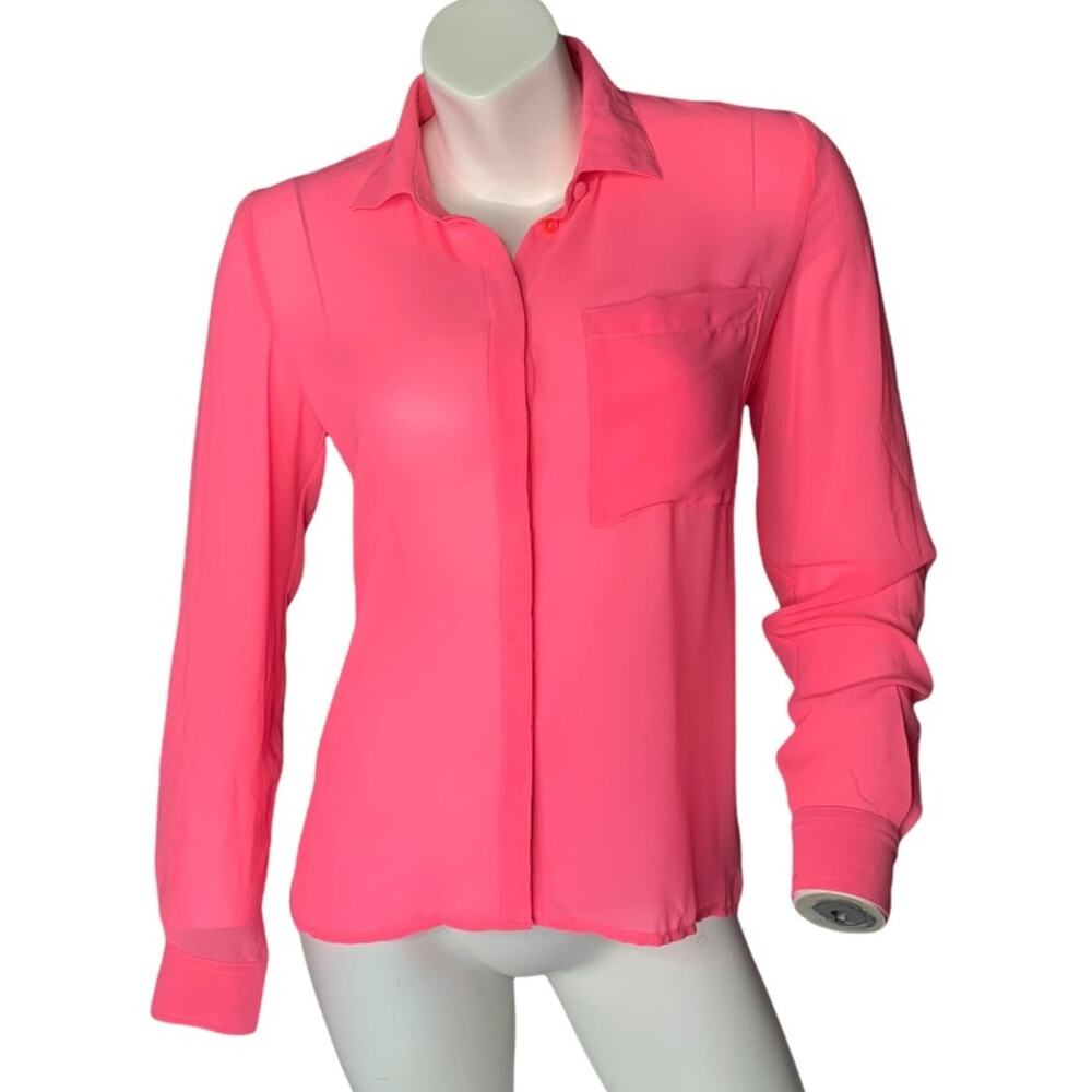 Forever 21 neon pink sheer button up top long sleeve high low Small
